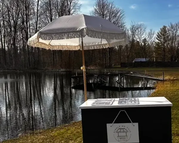 black cart, white top, white sign, umbrella up, near pond black cart, white top, white sign, umbrella up, near pond